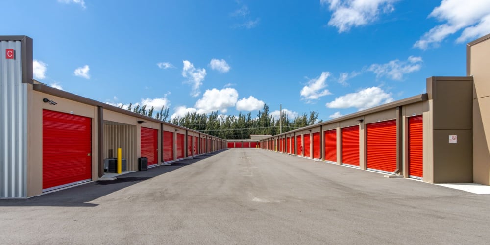 Outdoor units withbright doors at StorQuest Express Self Service Storage in Cape Coral, Florida