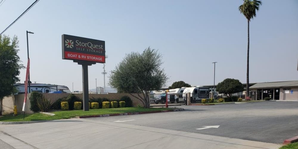 Exterior of the main entrance at StorQuest RV and Boat Storage in Moreno Valley, California