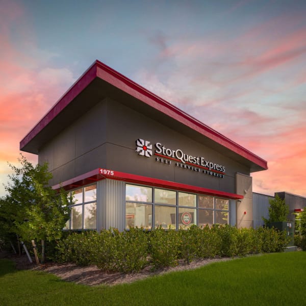 Exterior of StorQuest Express Self Service Storage in Cape Coral, Florida at dusk