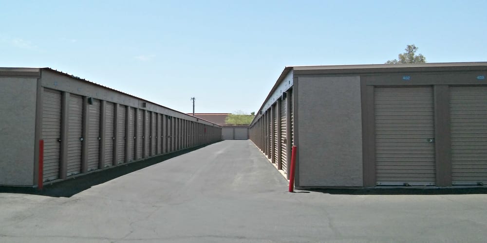 Outdoor drive-up storage units at StorQuest Self Storage in Tempe, Arizona