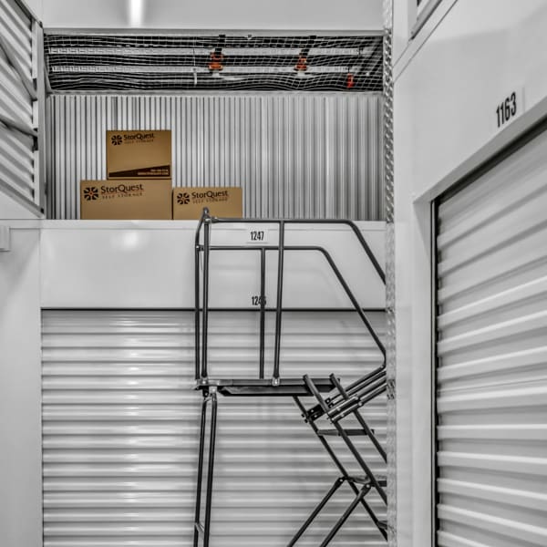 A ladder leading to a small unit at StorQuest Self Storage in Boulder, Colorado