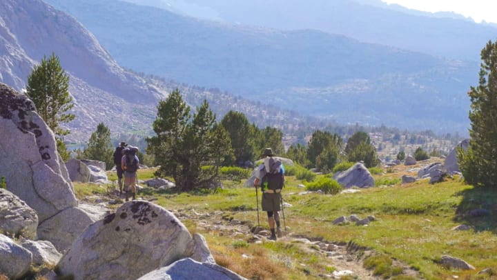 Three people hiking through the wilderness with mountains in the distance.