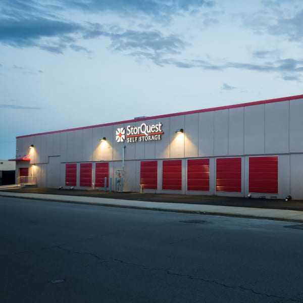 Exterior storage units with red doors at StorQuest Self Storage in Long Beach, New York