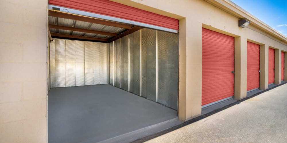 An open drive-up self storage unit at StorQuest Self Storage in El Paso, Texas