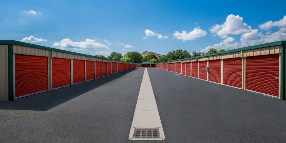 Outdoor storage units with red doors at StorQuest Self Storage in Reno, Nevada