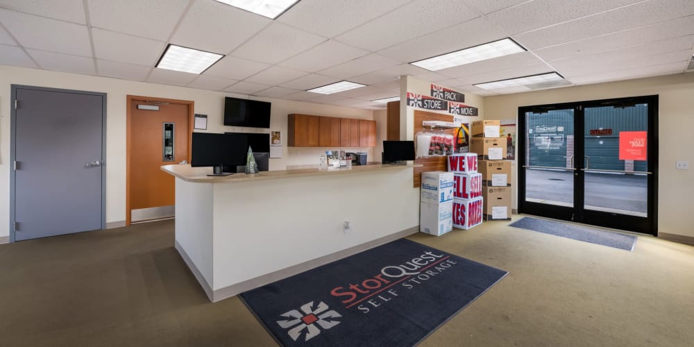 Interior of leasing office with packing supplies for sale at StorQuest Self Storage in Federal Way, Washington