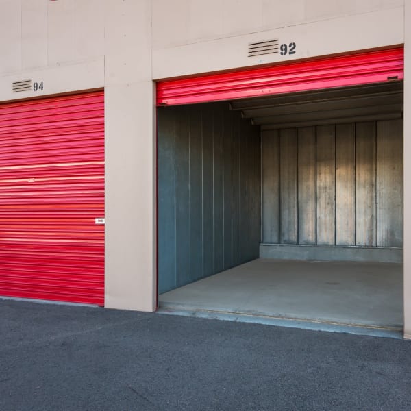 An open drive-up storage unit at StorQuest Self Storage in Canoga Park, California