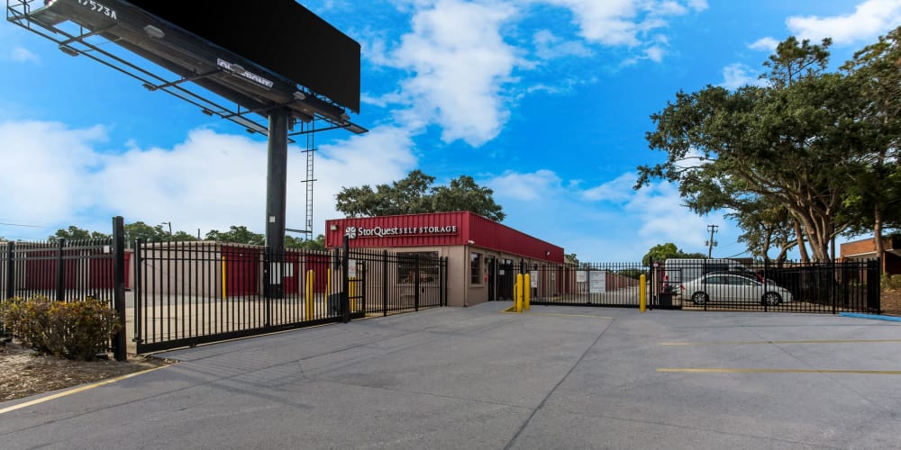 Exterior of the main entrance at StorQuest Self Storage in Tampa, Florida