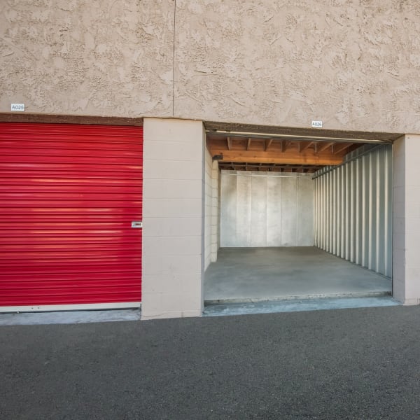 An open drive-up storage unit at StorQuest Self Storage in Camarillo, California