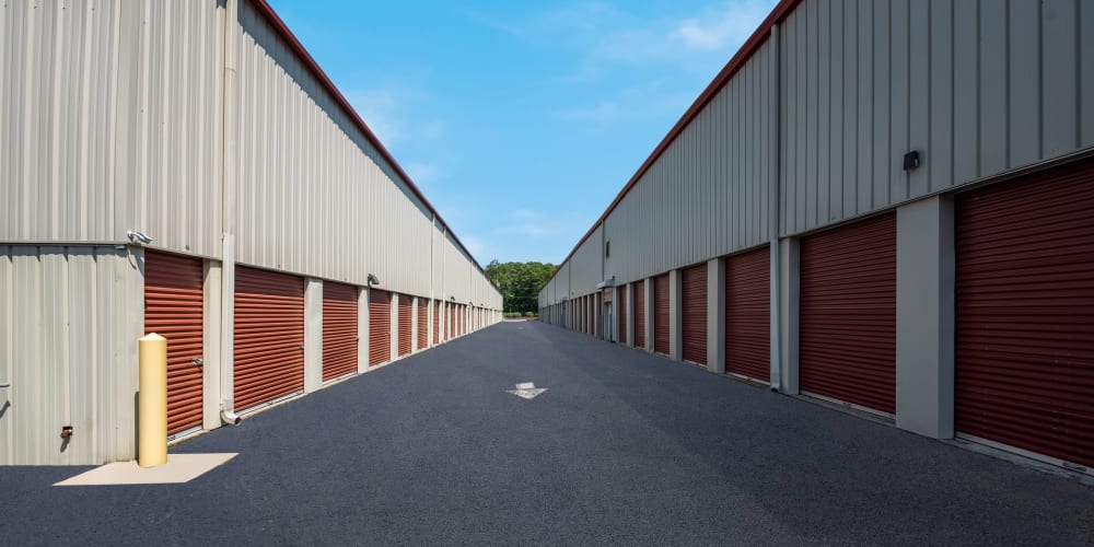 Outdoor drive-up storage units at StorQuest Self Storage in Shirley, New York