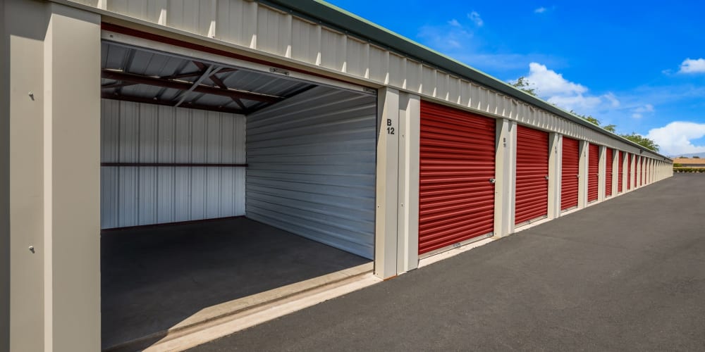 Outdoor drive-up storage units at StorQuest Self Storage in Tucson, Arizona