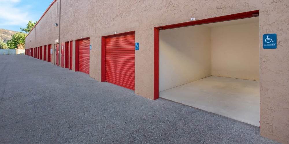 Outdoor drive-up storage units at StorQuest Self Storage in Riverside, California