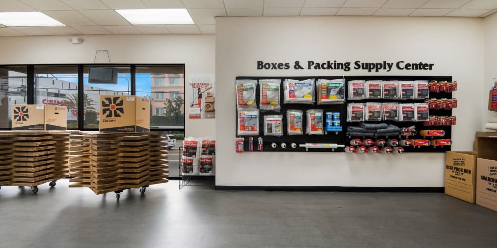 Boxes and packing supplies available in the leasing office at StorQuest Self Storage in Los Angeles, California